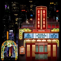 an old theater with neon lights in the city