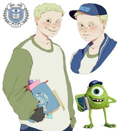 two young boys are standing next to each other, one is holding a book and the other has an eyeball