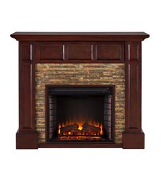 an electric fireplace is shown with the fire burning in it's side and brick surround