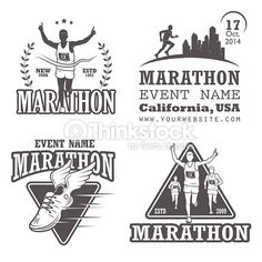 four marathon emblems on white background with black and white colors, including one running the finish line