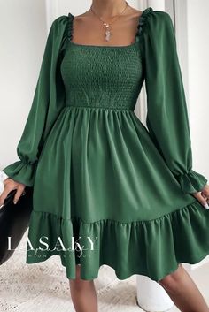 Lasaky - Chic and Elegant Long-Sleeved V-Neck Dress with Delicate Ruffled Hem and Flattering High Waist Bodice Dress, Body Con Dress, Ruffle Hem Dress, Flounce Sleeve, Long Sleeve Bodycon, Long Sleeve Bodycon Dress, Romper With Skirt, Outfit Casual, Hem Dress