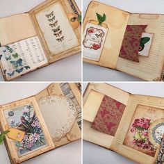 an open book with flowers and butterflies on the pages is shown in four different ways