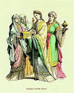 three women dressed in medieval clothing, one holding a bowl and the other wearing a veil