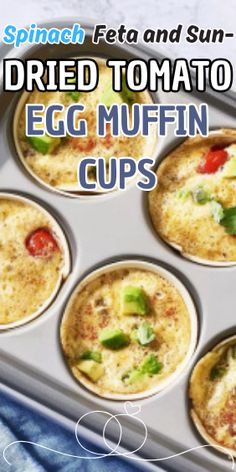 six egg muffin cups in a pan with the words fried tomato and egg muffin cups