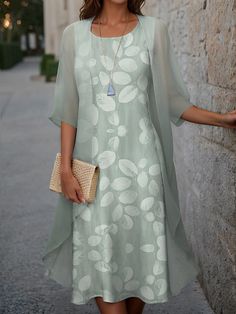 Women‘s Dress Set Two Piece Dress Midi Dress Green Blue Gray Half Sleeve Floral Print Summer Spring U Neck Casual 2023 S M L XL XXL 3XL 2024 - $38.99 Wedding Guest Cocktail Dress, Mother Of Groom Outfits, Half Sleeve Floral, Spring Midi Dress, Two Piece Dress Casual, Midi Dress Green, Floral Chiffon Dress, Guest Attire, Wedding Attire Guest