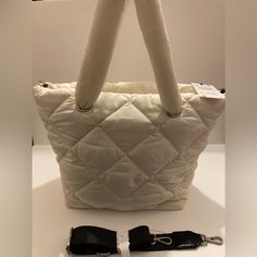 Cream Zara Puffer Tote Bag Nwt Winter Travel Shoulder Bag With Double Handle, Winter Travel Hobo Shoulder Bag, Elegant White Quilted Bag, Winter Tote Bag With Adjustable Strap, Winter Bags For Errands With Double Handle, Winter Double Handle Bags For Errands, Winter Double Handle Bag, Cream Shoulder Bag For Winter Travel, White Double Handle Shoulder Bag For On-the-go