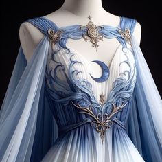 ai, digital art, image, character, illustration, cartoon, fantasy, design, animation, icons, 3D, comic, painting, manhwa, pfp, pp, cover Celestial Dress Drawing, Fantasy World Clothes, Fantasy Outfits Aesthetic, Blue Fantasy Outfit, Blue Witch Aesthetic, Celestial Armor, Blue Fantasy Dress, Blue Medieval Dress, Fantasy Dress Aesthetic