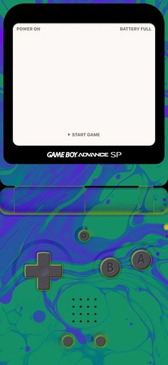 the game boy advance is shown in front of a blue and green background with buttons