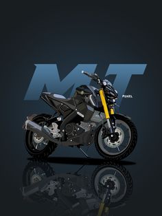 a motorcycle is shown on a black background with the words mtt in blue and yellow