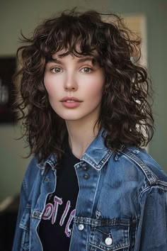 A curly shag haircut with full bangs, exuding a playful retro vibe. Thick Curly Bangs, Curly Shag Bangs, Shag Haircut Wavy Thick Hair, Curly Lob Bangs, Shaggy Curly Haircut, Curling Shag Haircut, Curly Shag Without Bangs, Shaggy Curly Hair Without Bangs, Shag Thick Wavy Hair