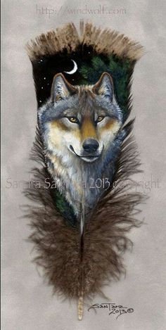 a painting of a wolf with a feather on it's head and moon in the background