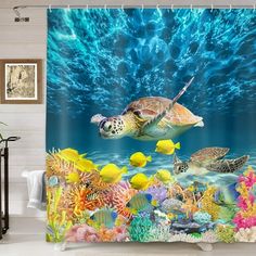 a sea turtle swimming in the ocean with corals and other fish shower curtain set