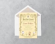 a yellow and white wedding card with the words be our guest on it