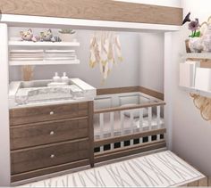 a baby's room with a crib, dresser and shelves