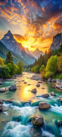 a beautiful sunset over a mountain river