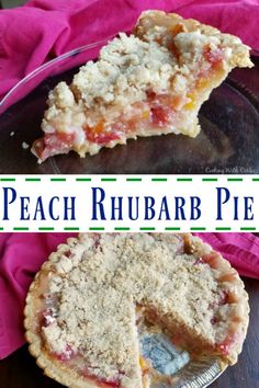 peach rhubarb pie is cut in half and served on a glass plate