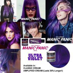 ¿Quieres un tinte morado? Manic Panic te ofrece ULTRA VIOLET. El color más de moda de Manic Panic disponible tanto en su fórmula Classic (12,90) cómo en Amplified (14,90). Es el color más vendido de Manic Panic. Su color no te dejará indiferente. Cómpralo en www.manicpanic.com.es Hair Dye Videos, Girl Hair Dos, Cabello Hair, Beauty Hair Color, Violet Hair, Hair Chalk, Multicolored Hair