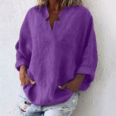 Women's Fashion Solid Color Tops Long Sleeved Loose Cotton And Linen Loose Shirt Blouse V-Neck Casual Tops Features: It is made of materials,durable enought for your daily wearing. Very cool to wear , very new to appearance. Comfortable and pleasant, can wear personality at home or at work. This lightweight, tops is perfect for those Comfortable days! Keep improving in order to make your clothes more comfortable. Product Description: Season:Four Seasons Gender:Women Occasion:Home,Daily Material:60%Cotton,40%Linen Style:Casual,Fashion Sleeve Length:long Sleeve Collar:V-Neck Fit:Fits ture to size Thickness:Standard How to wash:Hand wash Cold,Hang or Line Dry What you get:1PC Women Tops Size: L.  Color: Purple.  Gender: female.  Age Group: adult. Plus Size Summer Tops, Purple Linen, Long Tee Shirts, Fall Sweaters For Women, Long Sleeve Blouses, Color Tops, Purple L, Fashion Forever, Black Long Sleeve Shirt