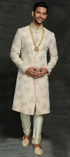 Beige and Brown color Sherwani in Silk fabric with Thread, Zari work Hot Pink Weddings, Mens Sherwani, Indian Men Fashion, Bridal Lehenga Choli, Zari Work, Anarkali Suits, Thread Work, Bridal Lehenga, Top Fabric