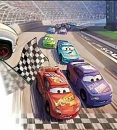 cars racing around a track with checkered flags in the air and on top of each other