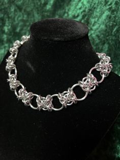 Handmade Chunky Orc Weave Chainmail Choker Necklace! Chain is made using aluminum jump rings and Stainless Steel O rings, which are friendly towards sensitive skin. Toggle clasp. Chain Mail Jewelry, Handmade Metal Link Chain Necklace, Handmade Metal Chain Link Necklace, Chainmail Belt, Silver Metal Chainmail Jewelry, Silver Chainmail Necklace, Elegant Chainmail Metal Choker, Jump Ring Chain Link Jewelry For Jewelry Making, Metal Chainmail Choker Necklace