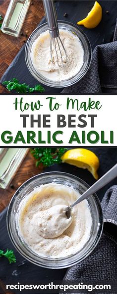 the best garlic sauce recipe with lemons and parsley in two small glass bowls