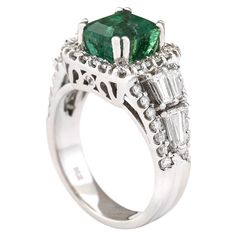 Stamped: 14K White Gold Total Ring Weight: 7.7 Grams Ring Length: N/ARing Width: N/A Gemstone Weight: Total Natural Emerald Weight is 2.65 Carat (Measures: 7.80x6.60 mm) Color: Green Diamond Weight: Total Natural Diamond Weight is 1.40 Carat Quantity: 48 Round-shaped and 6 Baguette Color: F-G, Clarity: VS2-SI1 Face Measures: 11.20x11.65 mm Sku: [703840W] Luxury Engagement Ring, 14k White Gold Diamond Ring, Aesthetic Rings, Luxury Engagement Rings, Gold Luxury, Gold Diamond Ring, White Gold Diamond Rings, Green Diamond, Green Emerald