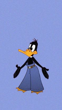 an animated duck wearing a blue dress and black gloves, flying through the air with one hand on his hip