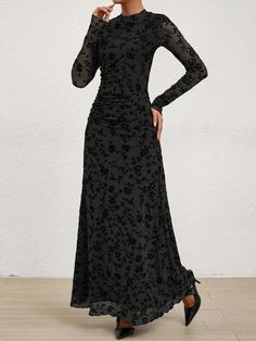 Experience old-world elegance with our Vintage Romance Velvet Maxi Dress. Crafted from luxurious velvet fabric, this dress boasts a romantic floral design perfect for any special occasion. The maxi length adds a touch of sophistication, while the soft material offers comfort and style. Elevate your wardrobe with this timeless piece. Color : Black Style : Sexy Pattern Type : Plain Details : Sheer Sleeve Length : Long Sleeve Details : Ruched Neckline : Stand Collar Type : A Line Lined For Added Warmth : No Sleeve Type : Regular Sleeve Waist Line : Natural Hem Shaped : Straight Length : Long Fit Type : Slim Fit Fabric : Slight Stretch Material : Knitted Fabric Composition : 95% Polyester Composition : 5% Elastane Care Instructions : Machine wash, do not dry clean Body : Lined Sheer : No Linin Winter Prom Maxi Dress, Fall Fitted Velvet Maxi Dress, Velvet Maxi Dress For Fall, Fitted Velvet Maxi Dress For Fall, Elegant Velvet Maxi Dress For Fall, Winter Banquet Floor-length Maxi Dress, Winter Floor-length Maxi Dress For Banquet, Fitted Velvet Dresses With Floral Print, Winter Maxi Dress For Evening