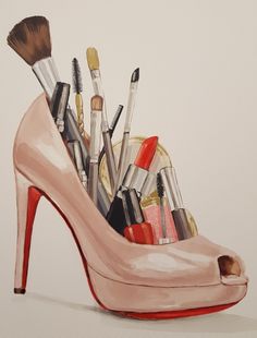 a painting of a high heeled shoe filled with makeup brushes