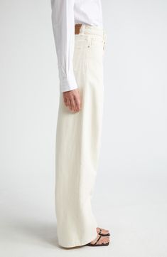 Pressed creases add definition to the wide-cut legs on these high-waisted pants cut from a midweight organic-cotton denim. Zip fly with button closure Five-pocket style 100% organic cotton Machine wash, line dry Made in Italy Designer Clothing Classic High Rise Wide Leg Cotton Pants, Cream High-waisted Wide Leg Pants With Belt Loops, Chic Off White Cotton Wide Leg Pants, Off White Cotton Wide Leg Pants For Spring, Spring Off White Cotton Wide Leg Pants, Cream Wide Leg Pants With Five Pockets, Cream Cotton Wide Leg Pants For Spring, Beige Wide Leg Pants With Five Pockets, Classic Cream Pants With Five Pockets