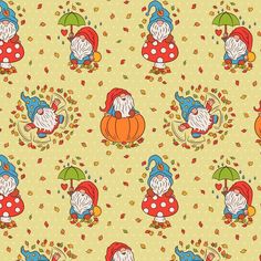 an image of gnomes with umbrellas and pumpkins on a yellow polka dot background