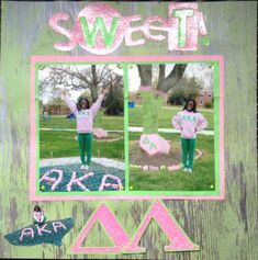 a scrapbook page with two girls in pink sweaters and green leggings