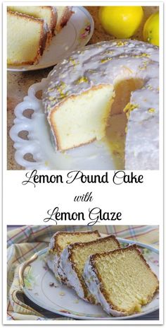 lemon pound cake with lemon glaze is on a plate and next to the sliced cake