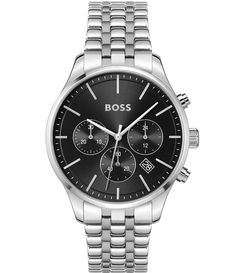 From Hugo Boss&#x2C; this men's watch features:Stainless steel bracelet Round stainless steel caseBlack dialPush button deployment closureQuartz chronograph movement Case size approx. 42mmWater resistance: 5BImported. Silver Timeless Chronograph Watch For Business, Timeless Stainless Steel Chronograph Watch For Business, Stainless Steel Business Watches With Subdials, Business Stainless Steel Watches With Subdials, Business Watches With Subdials In Stainless Steel, Stainless Steel Business Watch With Subdials, Stainless Steel Chronograph Watch With Subdials For Business, Business Chronograph Watch With Subdials In Stainless Steel, Timeless Stainless Steel Chronograph Watch Accessories