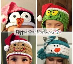 four pictures of children wearing crocheted hats with penguins and snowmen on them