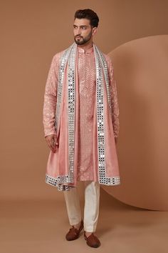 Peach kurta with mirror and thread hand work embroidery. Comes with pant and contrast border mirror work stole. - Aza Fashions Luxury Ceremonial Kurta With Mirror Work, Luxury Orange Kurta With Mirror Work, Pink Sherwani With Mirror Work In Straight Kurta Style, Designer Beige Kurta With Mirror Work, Mirror Work Kurtas For Men, Pink Sherwani With Mirror Work, Mens Mirror Work Kurtas, Stole For Men, Hand Work Embroidery