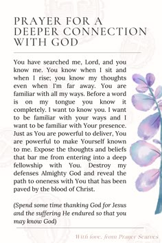 a prayer card with purple flowers and the words, prayer for a deeper connection with god