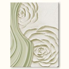 an abstract painting with white flowers and green swirls on the bottom half of it