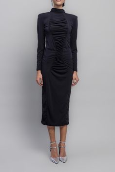 SKU:BSL19559 Stretch Long Sleeve Midi Dress For Party, Ruched Stretch Midi Dress For Evening, Ruched Stretch Evening Dress For Night Out, Stretch Ruched Midi Dress For Evening, Black Flattering Silhouette Evening Mini Dress, Knee-length Ruched Bodycon Evening Dress, Evening Knee-length Ruched Bodycon Dress, Black Knee-length Bodycon Evening Dress, Stretch Midi Dress For Dinner