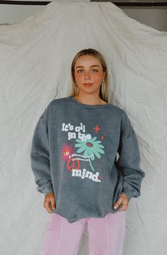 Can we even with this sweatshirt!! It is so unique and fun. It features puff print font, the coolest graphics and an oversized fit. If you want an even more oversized fit, size up. Miranda is 5'4" and wearing a size large. 70% COTTON 30% POLYESTER Trendy Soft-washed French Terry Tops, Cool Letter Print Sweatshirt For Streetwear, Cotton Graphic Print Sweats For Loungewear, Cool Cotton Crew Neck Sweatshirt, Oversized Retro Sweatshirt For Fall, Retro Oversized Fall Sweatshirt, Spring Graphic Print Crew Neck Sweats, Cool Sweatshirt With Letter Print, Cool Graphic Print Tops For Fall