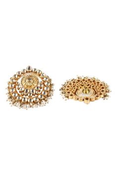 24k gold plated stud earrings handcrafted in vintage shape with intricate carved work details, stone and pearl embellishment. - Aza Fashions Carved Pearl, Pearl Embellishment, Stud Earrings Gold, Gold Jewelry Earrings, Jewellery Earrings, Earrings Stud, Buy Gold, Online Earrings, Aza Fashion