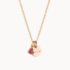 Cherish a neverending love story with our Personalized Valentines Disc Necklace: a meaningful gift full of heart. Each necklace features a mini red heart charm to symbolize love and affection, and a shiny disc to hand engrave with special names and dates. Both charms move freely along the Merci Maman necklace chain.18K Champagne Gold Plated or 925 Sterling SilverMini flat disc: 0.4 Diameter, 0.02 ThicknessMini Red Lacquer Heart: 0.25 x 0.21Secure clasp fasteningCharms are removable from this cha Personalized Red Jewelry For Keepsake, Personalized Red Keepsake Jewelry, Personalized Red Heart Pendant Necklace, Personalized Red Round Pendant Charm Necklaces, Personalized Rose Gold Charms For Valentine's Day, Engraved Charm Necklaces For Valentine's Day, Engraved Charm Necklace For Valentine's Day, Red Heart Charm Necklace For Anniversary Gift, Red Necklace With Heart Charm For Anniversary