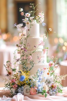 a wedding cake with flowers and greenery on the table