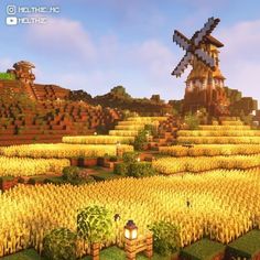 Minecraft Farm With Windmill, Minecraft Wheat Field Aesthetic, Wheat Fields Minecraft, Minecraft Farm On Hill, Farm Land Minecraft, Farm Field Minecraft, Minecraft Farm Field Ideas, Wheat Farm Minecraft Aesthetic, Farm Inspo Minecraft