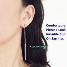 Silver bar clip on earrings - long invisible clip on earrings dangle - non pierced earrings - clip on earrings for women 💖For more comfortable and pierced look clip on earrings, please click the link below. https://www.etsy.com/shop/ClipOnEarringsJP Details ◆Length : 3 1/2 inches ( 8.9 cm ) ◆Weight: 2 g ( 0.07 oz ) super lightweight! You don't feel any weight! ◆Color: Silver ★Payment: PayPal You can checkout without PayPal account.  You can use your credit card through PayPal for payment. https://www.etsy.com/listing/597301358/how-to-complete-payment-with-credit-card?ref=shop_home_active_1 ✨These are minimalist style gold chain and stick dangle invisible clip on earrings. These are simple design and go with from everyday wear to dressing-up style. So they are versatile! If you are looking Non Pierced Earrings, Clip On Earring, Magnetic Earrings, Loop Earrings, Silver Bar, Earrings Long, Silver Bars, Earring Findings, Simple Earrings