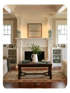 a living room filled with furniture and a fire place in the middle of a room