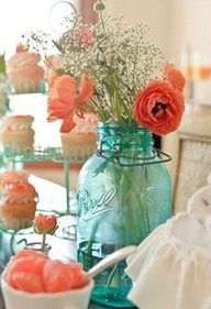 there is a collage of pictures with flowers in vases and cakes on the table