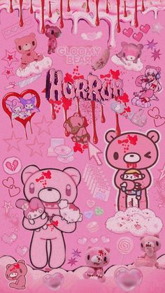 a pink background with many stickers and hearts on the bottom, including teddy bears