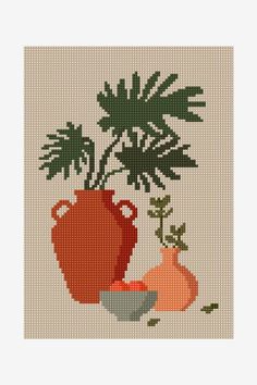 a cross stitch pattern with an orange vase and some plants